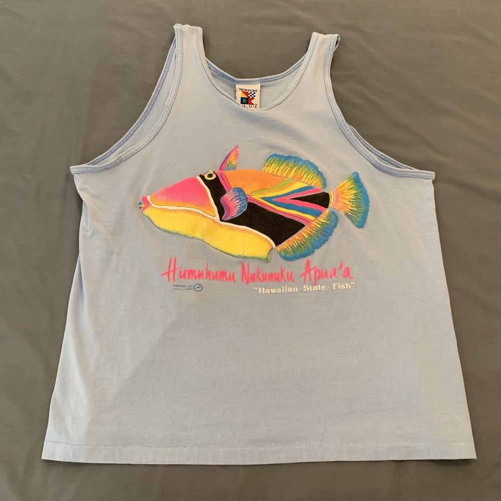Newport Blue Tank Mens Large Blue Humuhumu Nukunuku Hawaiian Fish Graphic Tank
